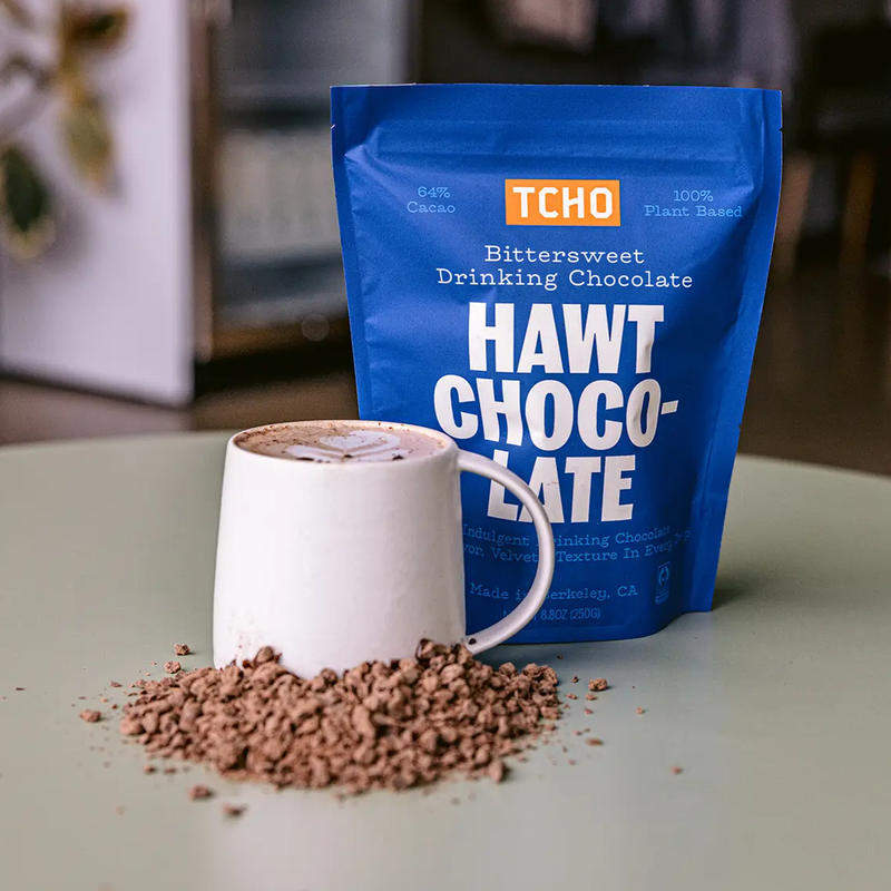 Hawt Drinking Chocolate, TCHO Hawt Drinking Chocolate with cup and pile of chocolate