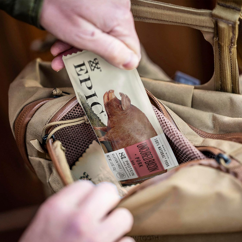 Uncured Bacon & Pork Bar, Epic Provisions Uncured Bacon & Pork Bar in backpack