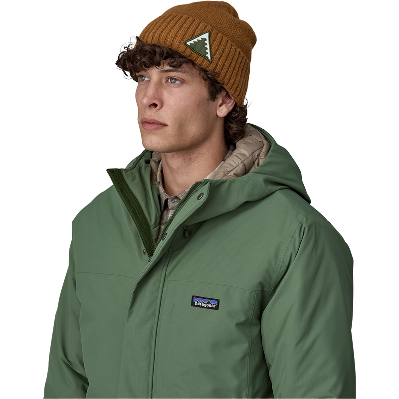 Brodeo Beanie, Patagonia Brodeo Beanie in DPSN-Dawn Tracks Patch Shelter Brown on model