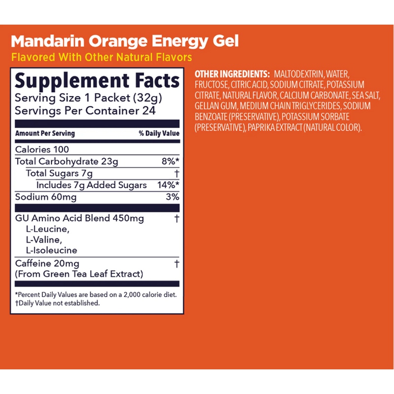 Original Energy Gel, GU Original Energy Gel Mandarin Orange w/ Caffeine Nutrition Facts