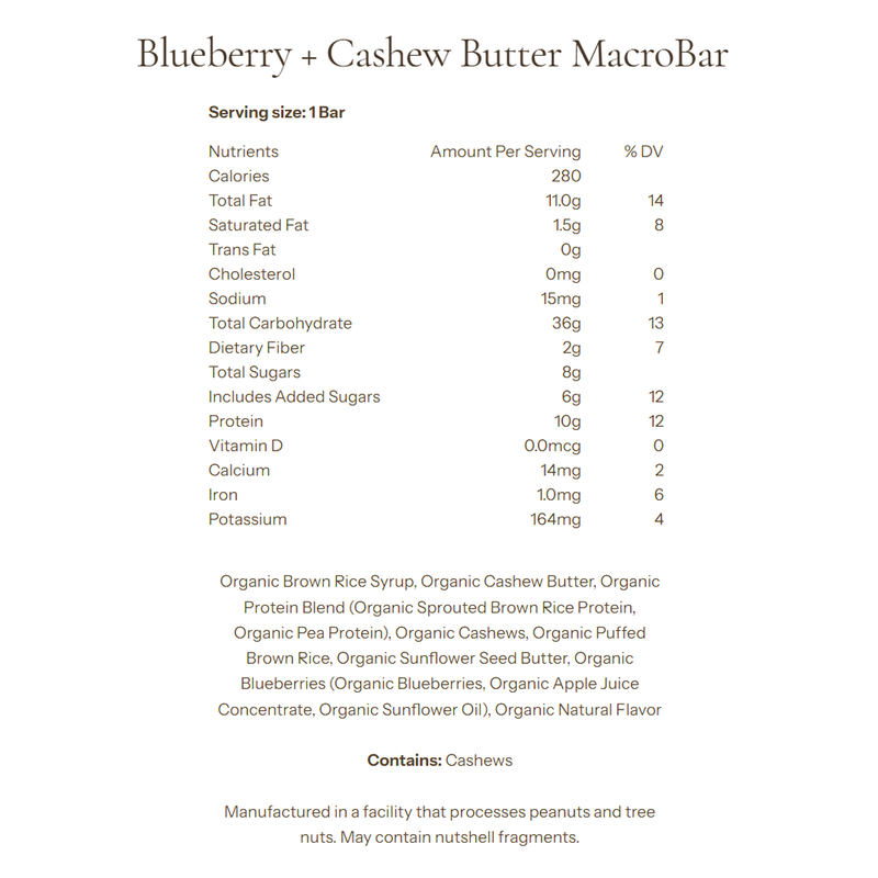 MacroBar, Go Macro MacroBar Blueberry + Cashew Butter Nutrition Facts