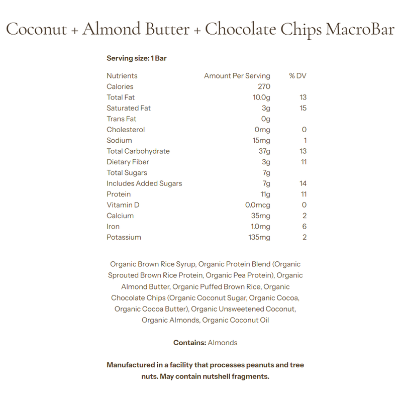 MacroBar, Go Macro MacroBar Coconut + Almond Butter + Chocolate Chips Nutrition Facts