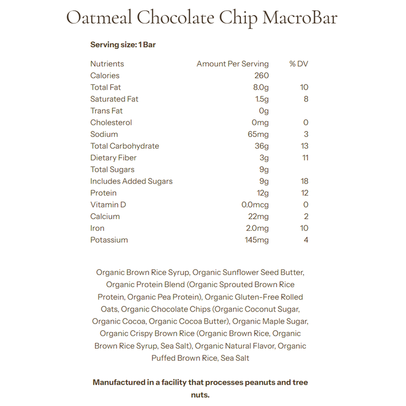 MacroBar, Go Macro MacroBar Oatmeal Chocolate Chip Nutrition Facts