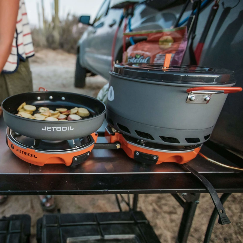 Jetboil Genesis 2 Burner, Jetboil Genesis 2 Burner in use with pots