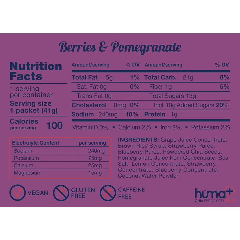 Chia Energy Gel Plus, Huma Chia Gel Plus in Berries & Pomegranate Nutrition Facts