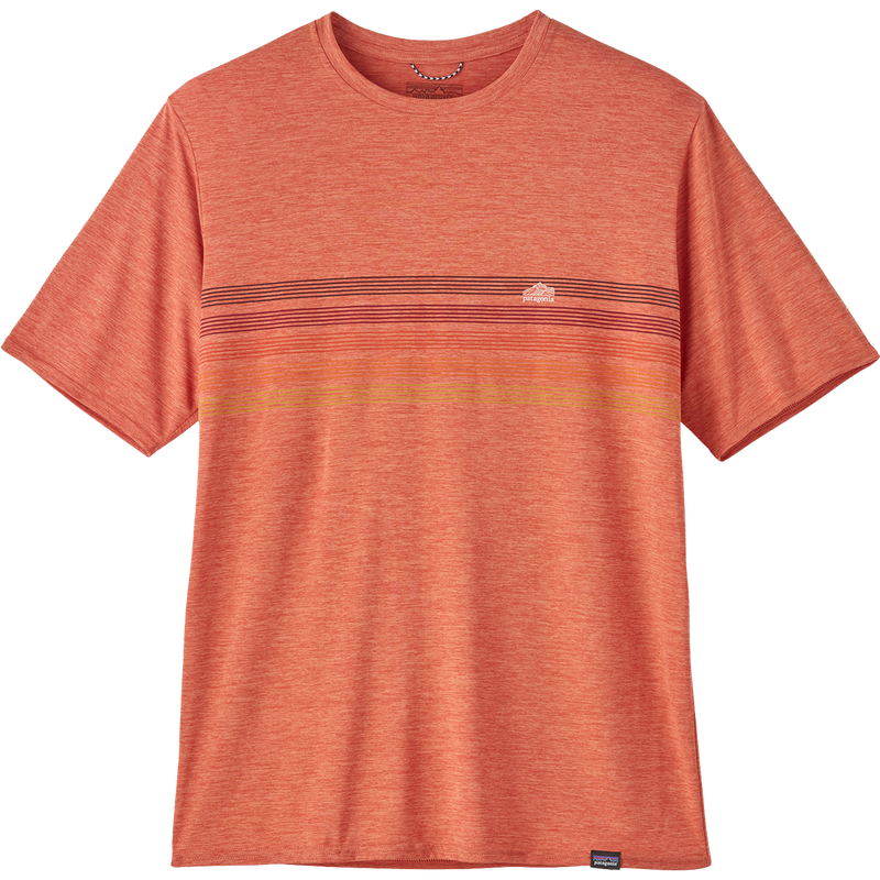 Patagonia Men's Capilene Cool Daily Graphic Short Sleeve Shirt in Line Logo Ridge Stripe/Quartz Coral X-Dye