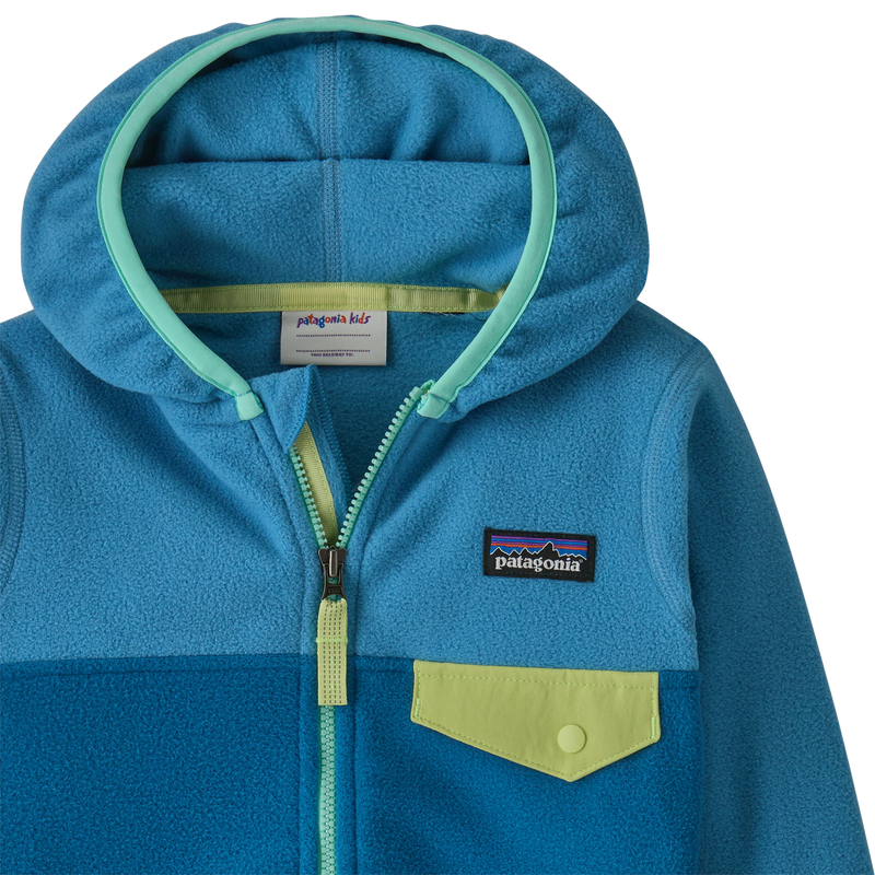 Youth Baby Micro D Snap-T Jacket, Patagonia Baby Micro D Snap-T Fleece in AQT-Aquatic Blue front pocket and hood
