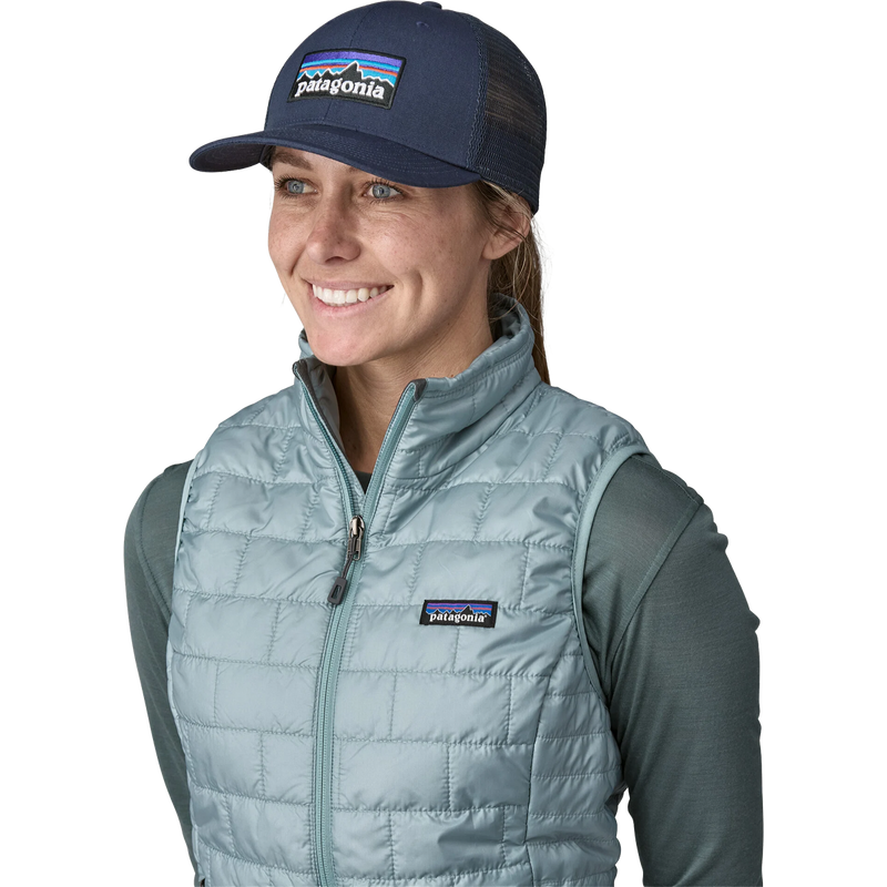 P-6 Logo Trucker Hat, Patagonia P-6 Logo Trucker Hat in New Navy on model