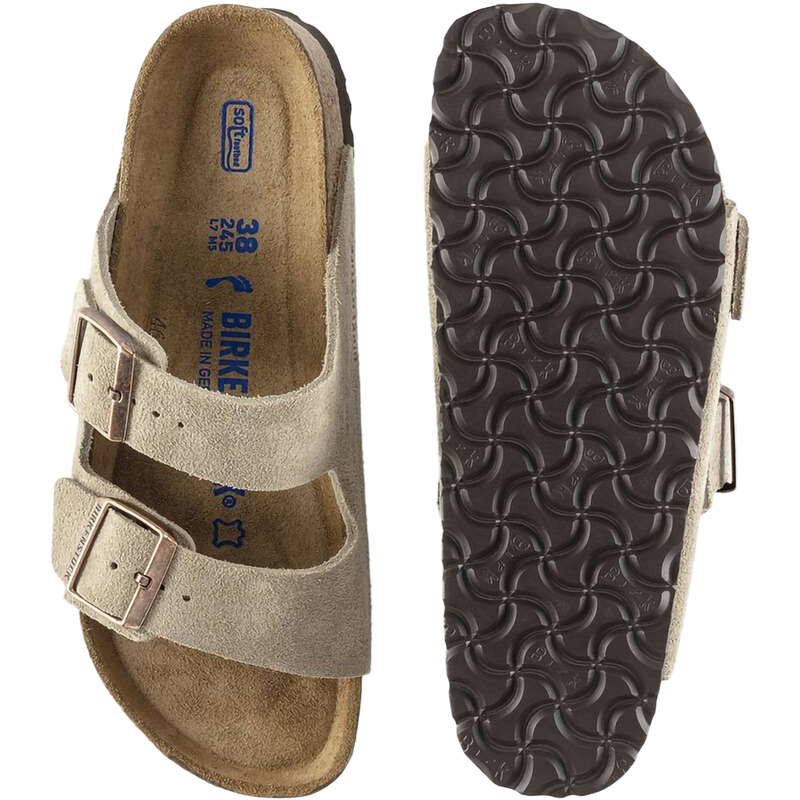 Women's Arizona Soft Footbed, Birkenstock Women's Arizona Soft Footbed in Taupe Suede pair top and bottom