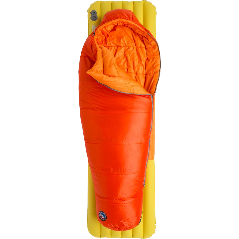 Youth Wolverine 20, Big Agnes Youth Wolverine 20 in Cherry Tomato/Tangelo on pad unzipped