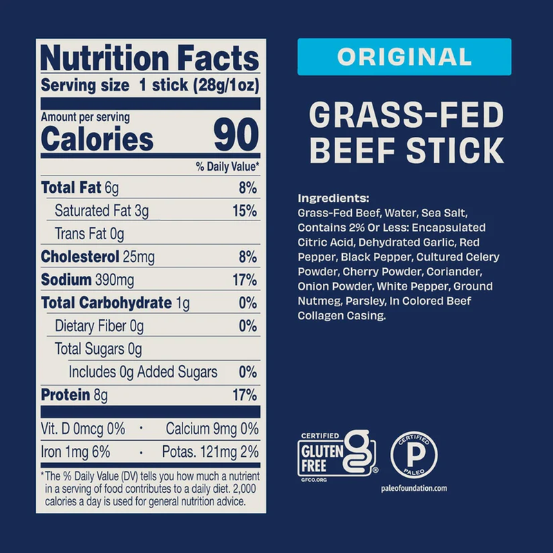 Zero Sugar 1 oz Jerky Sticks, Archer Jerky Zero Sugar Jerky Sticks Original Beef Nutrition Facts & Ingredients