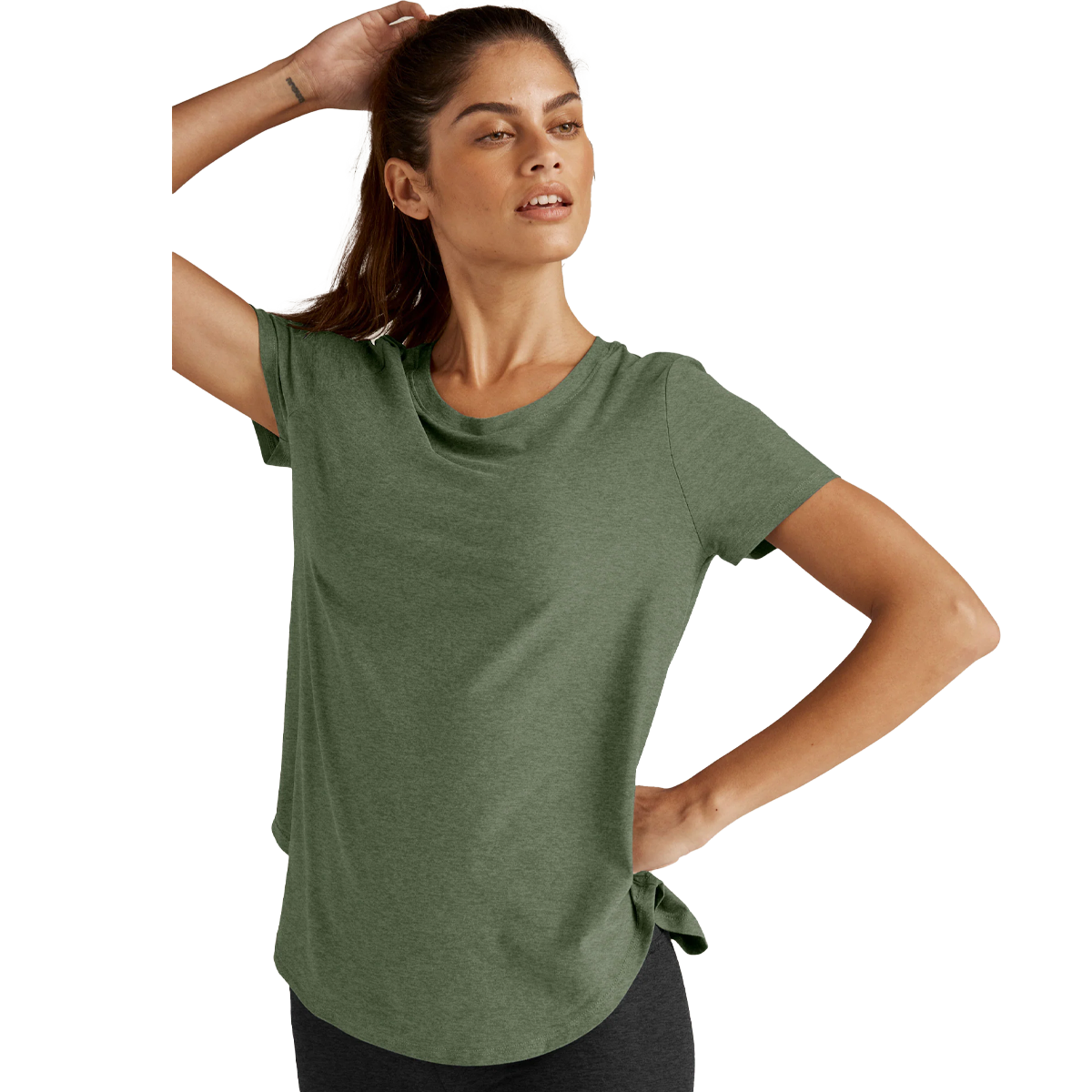 Beyond Yoga Women's On The Down Low Tee in Moss Green Heather