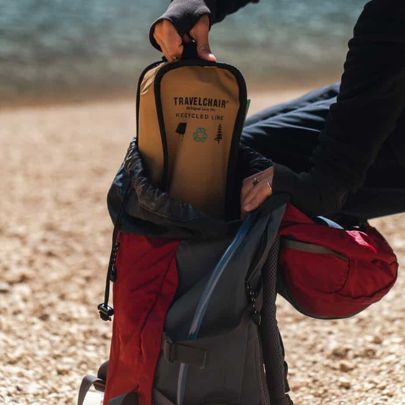 C-Series Joey with REPREVE™ Recycled Fabric, TravelChair C-Series Joey with REPREVE™ Recycled Fabric packed in backpack