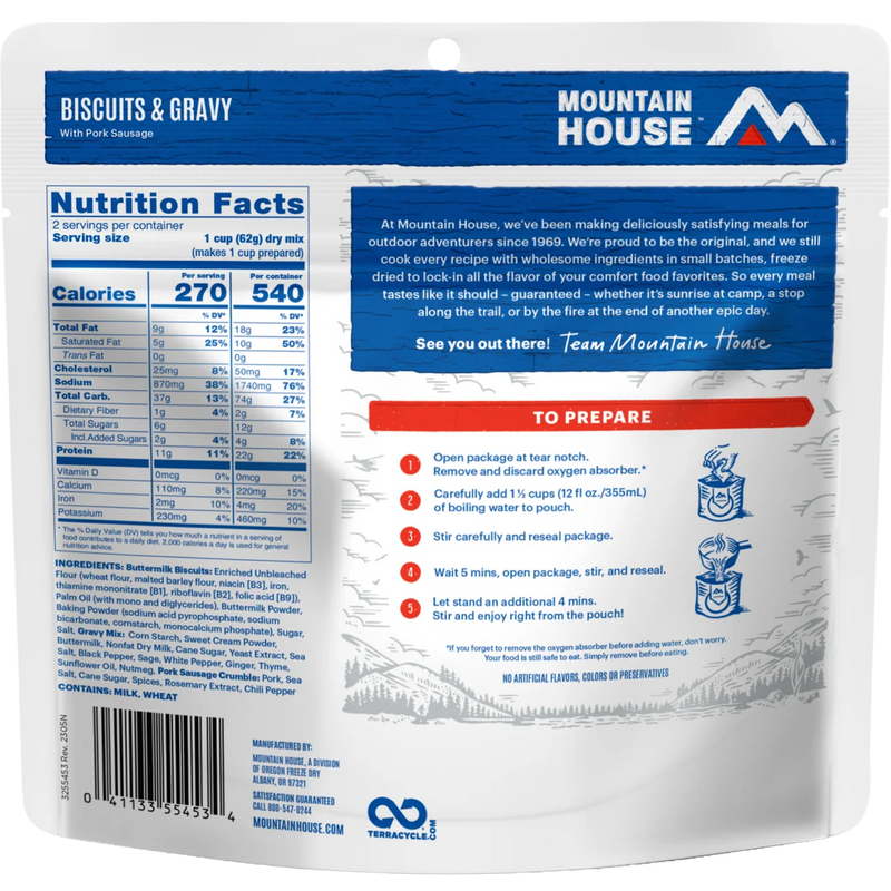 Biscuits & Gravy (2 Servings), Mountain House Biscuits & Gravy (2 Servings) back of package