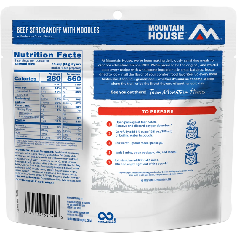 Beef Stroganoff with Noodles (2 Servings), Mountain House Beef Stroganoff with Noodles (2 Servings) back of package