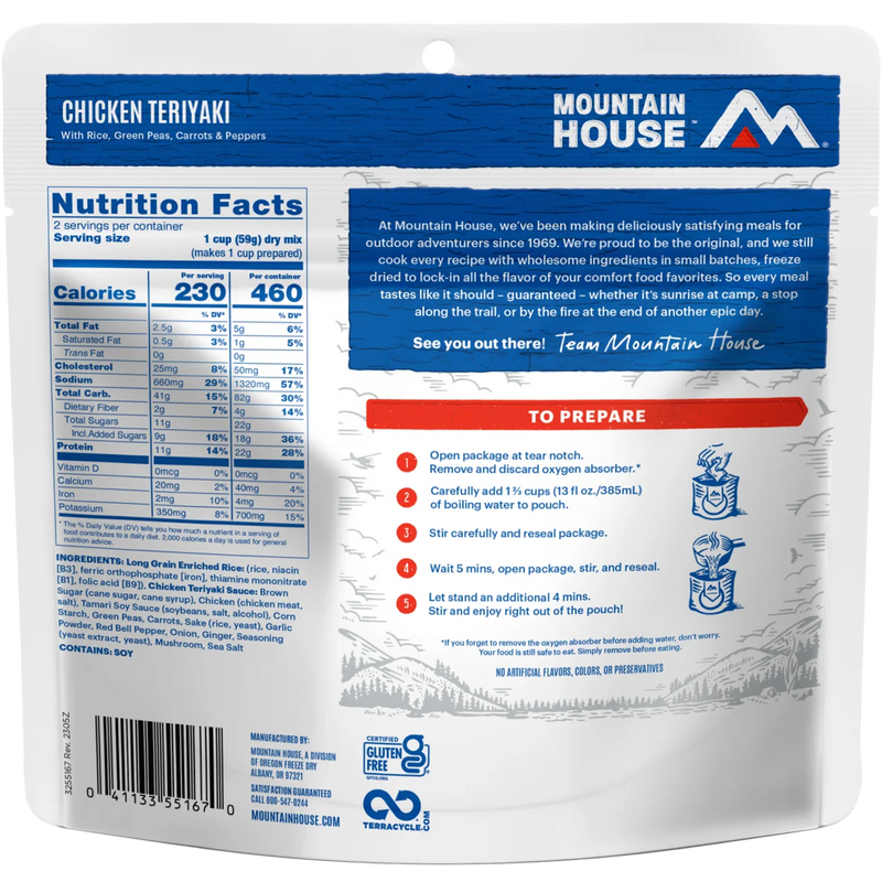 Chicken Teriyaki (2 Servings), Mountain House Chicken Teriyaki w/ Rice (2 Servings) back of package