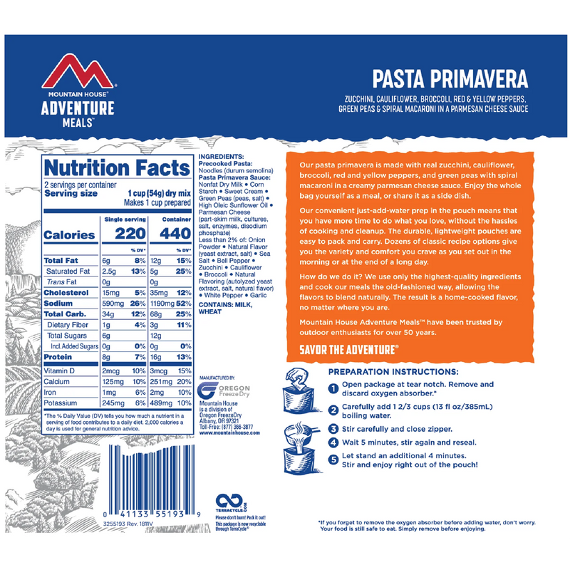 Pasta Primavera (2 Servings), Mountain House Pasta Primavera (2 Servings) back
