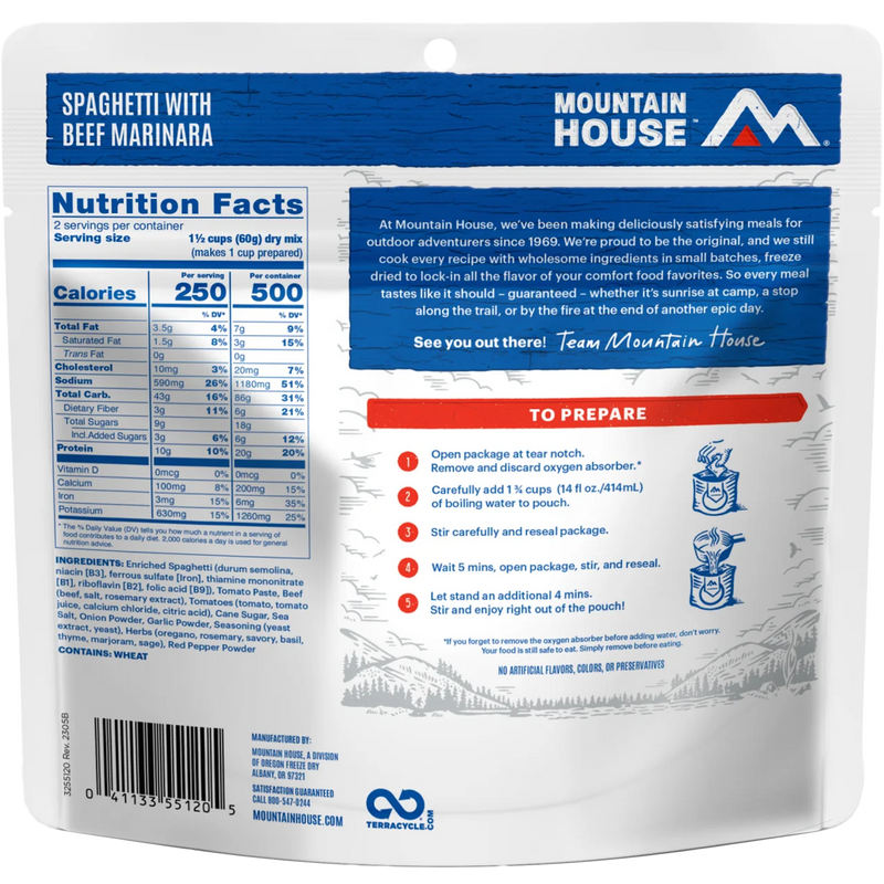Spaghetti with Beef Marinara (2 Servings), Mountain House Spaghetti with Beef Marinara (2 Servings) back of package