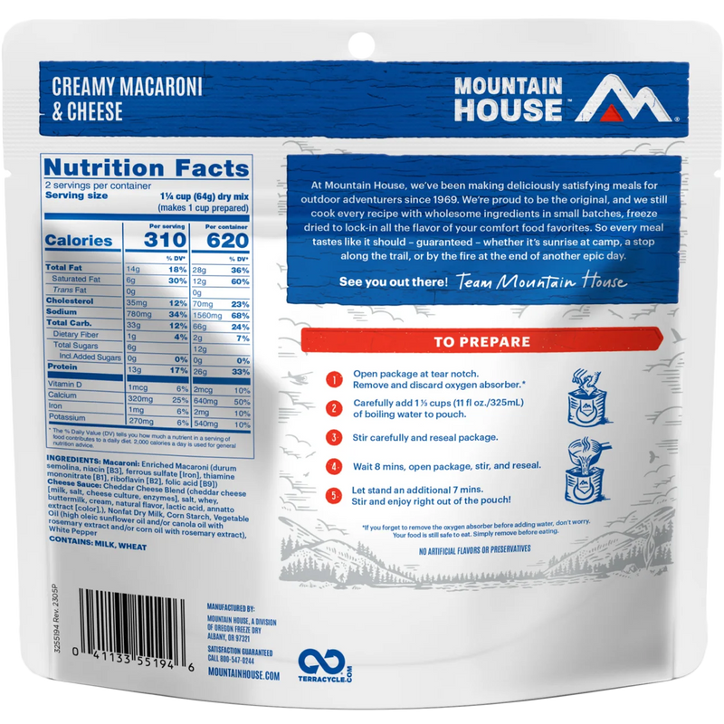 Creamy Macaroni & Cheese (2 Servings), Mountain House Creamy Macaroni & Cheese (2 Servings) back of package
