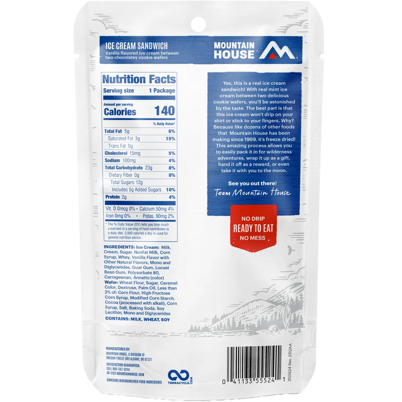Vanilla Ice Cream Sandwich (1 Serving), Mountain House Vanilla Ice Cream Sandwich (1 Serving) back of package