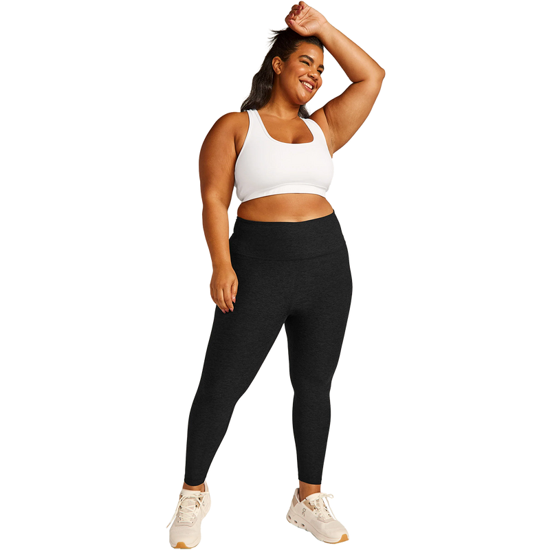 Women's Spacedye High Waisted Midi Legging - Extended, Beyond Yoga Women's Plus Spacedye High Waisted Midi Legging in Darkest Night front full length