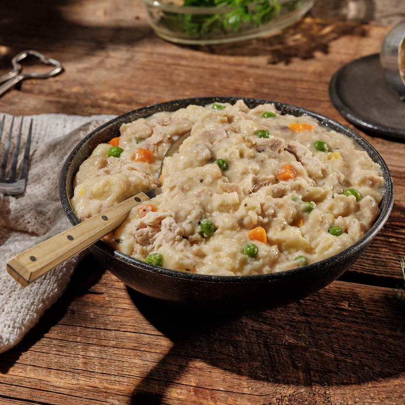 Chicken and Dumplings (2 Servings), Mountain House Chicken and Dumplings at camp