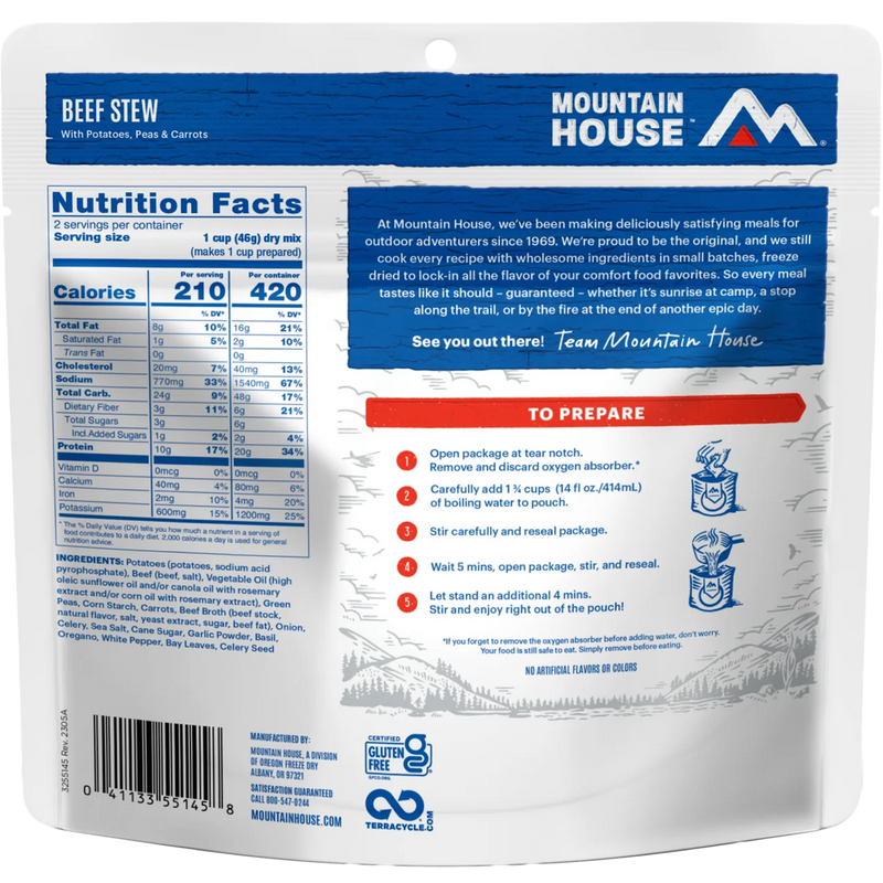 Beef Stew (2 Servings), Mountain House Beef Stew (2 Servings) back of package
