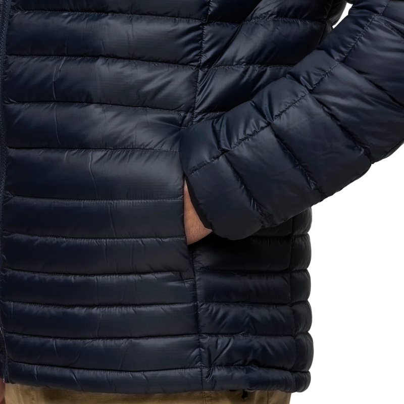 Men's Fuego Down Hooded Jacket, Cotopaxi Men's Fuego Down Hooded Jacket in CBNST-Carbon Stripes front left pocket