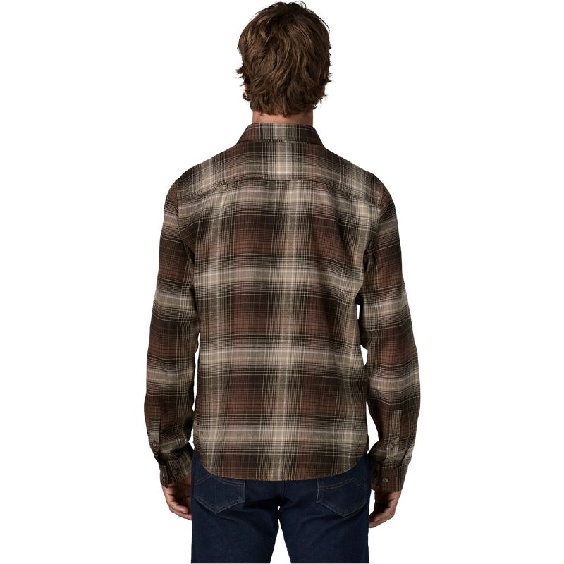 Men's Lightweight Fjord CIC Long Sleeve Flannel Shirt, Patagonia Men's Lightweight Fjord CIC Long Sleeve Flannel Shirt in Melting Ombre Den Brown back side on model