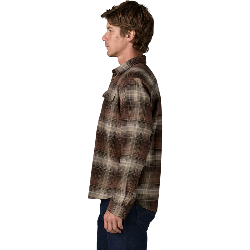 Men's Lightweight Fjord CIC Long Sleeve Flannel Shirt, Patagonia Men's Lightweight Fjord CIC Long Sleeve Flannel Shirt in Melting Ombre Den Brown side view on model