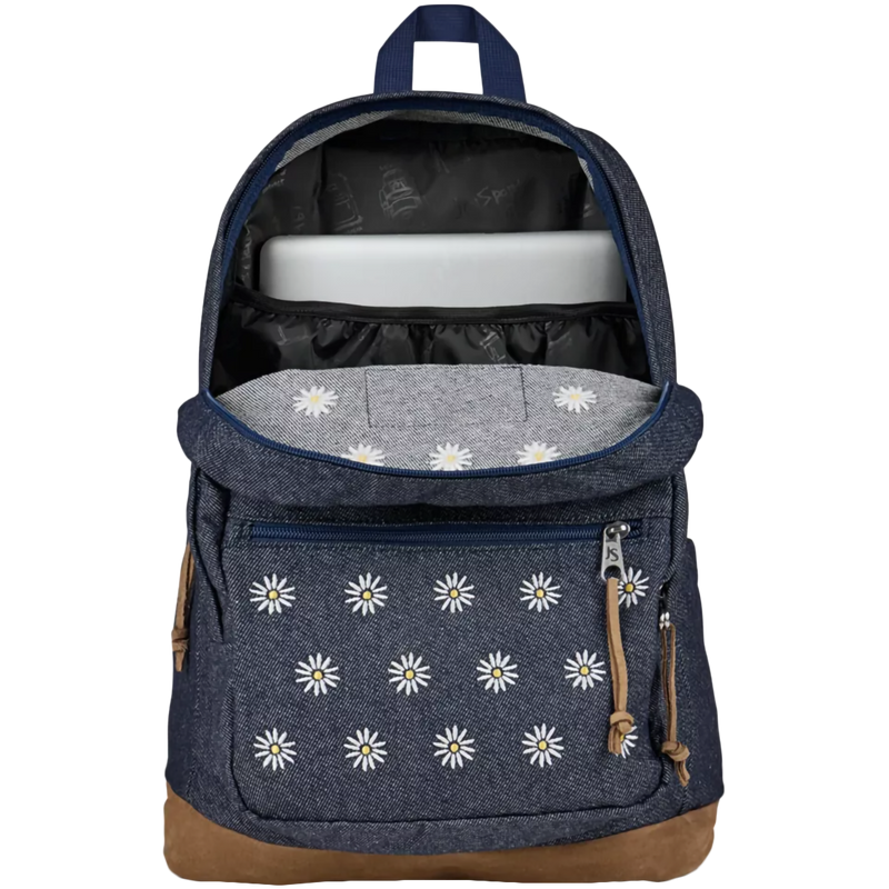 Right Pack Expressions, Jansport Right Pack Expressions in KV8-Embroidered Denim Dark unzipped