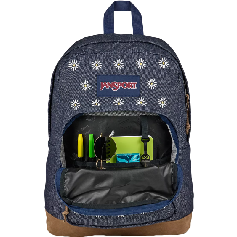 Right Pack Expressions, Jansport Right Pack Expressions in KV8-Embroidered Denim Dark unzipped small pocket