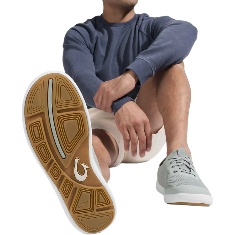 Men's Moku Pae, Olukai Men's Moku Pae in 2NAU-Cloud Grey/Ash on model sitting