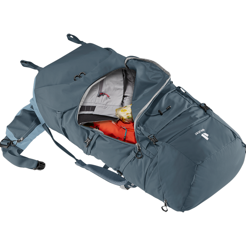 Aircontact Core 65+10, Deuter Aircontact Core 65+10 in Graphite-Shale front zipper open