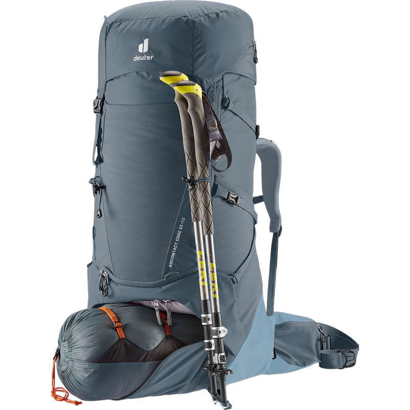 Aircontact Core 65+10, Deuter Aircontact Core 65+10 in Graphite-Shale with tent and trekking poles