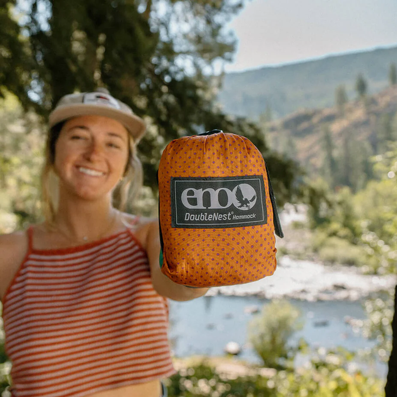 DoubleNest Print Hammock, Eagles Nest Outfitters DoubleNest Print Hammock carry sack in hand