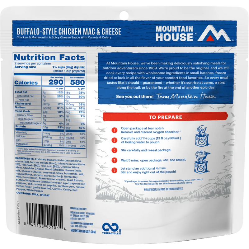 Buffalo-Style Chicken Mac & Cheese (2 Servings), Mountain House Buffalo Chicken Mac & Cheese (2 Servings) back of package