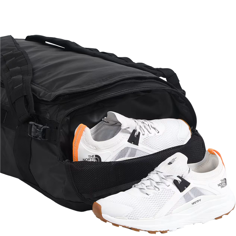 Base Camp Voyager Duffel 32L, The North Face Base Camp Voyager Duffel 32L in KT0-TNF Black/Asphalt Grey end pocket unzipped