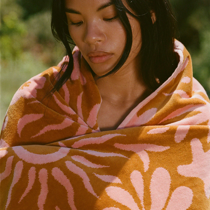 Woven Beach Towel, Slowtide Woven Beach Towel over shoulders