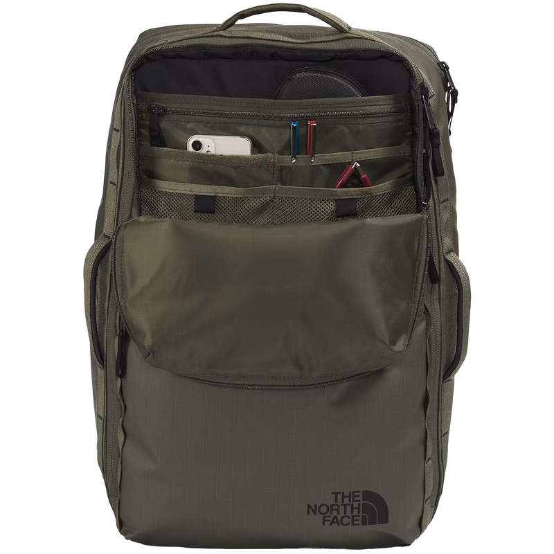 Base Camp Voyager Travel Pack, The North Face Base Camp Voyager Travel Pack in New Taupe Green/TNF Black unzipped