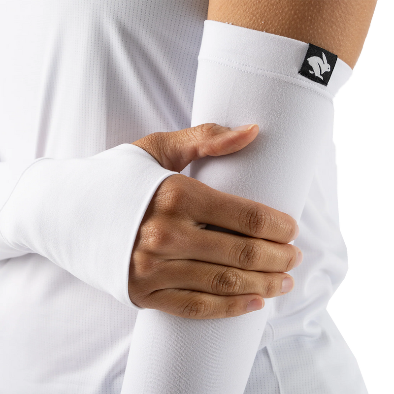 Women's EZ Sleeves, Rabbit Women's EZ Sleeves in White on model thumb hole and rabbit logo