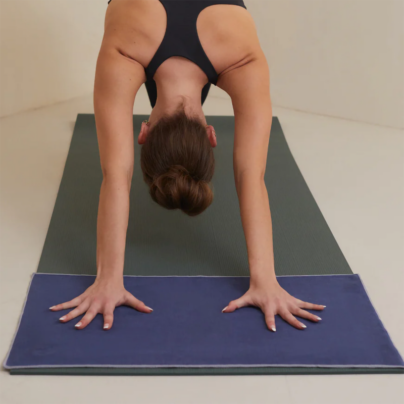 Equa Yoga Hand Towel, Manduka Equa Yoga Hand Towel in Midnight 2.0 with model