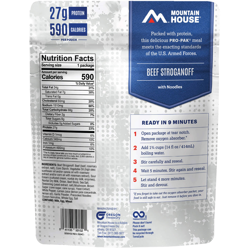Beef Stroganoff Pro Pak (1 Serving), Mountain House Beef Stroganoff Pro Pak back of package