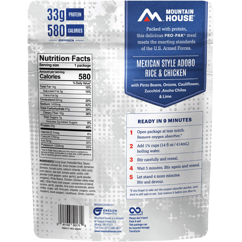 Mexican Style Adobo Rice & Chicken Pro Pak (1 Serving), Mountain House Mexican Adobo Rice Chicken Pro Pak (1 Serving) back of package
