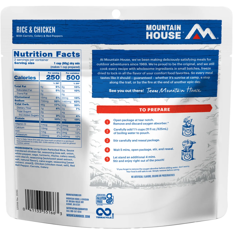 Rice and Chicken (2 Servings), Mountain House Rice and Chicken (2 Servings) back of package