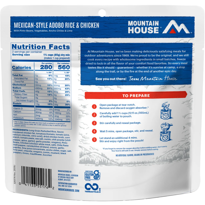 Mexican Style Adobo Rice & Chicken (2 Servings), Mountain House Mexican Style Adobo Rice & Chicken (2 Servings) back of package