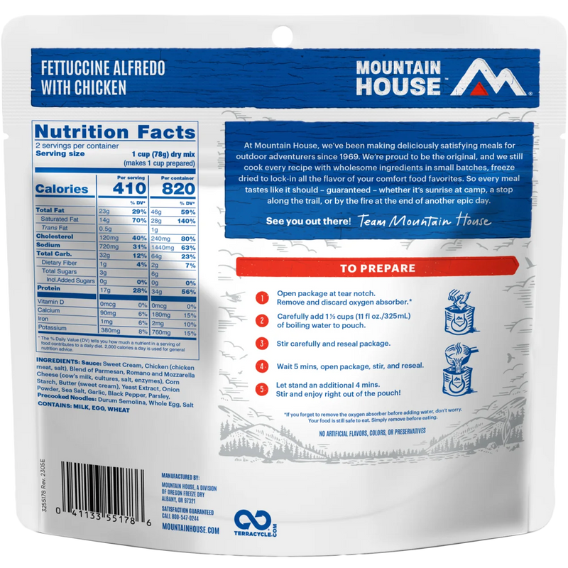Fettuccine Alfredo with Chicken (2 Servings), Mountain House Fettuccine Alfredo with Chicken (2 Servings) back of package