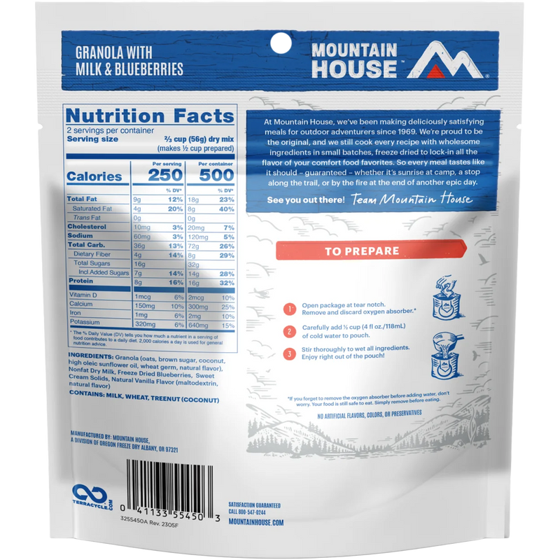 Granola with Milk & Blueberries (2 Servings), Mountain House Granola with Milk & Blueberries (2 Servings) back of package
