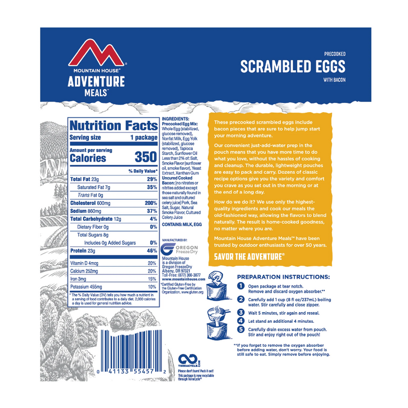 Scrambled Eggs with Bacon (1 Serving), Mountain House Scrambled Eggs with Bacon - GF back