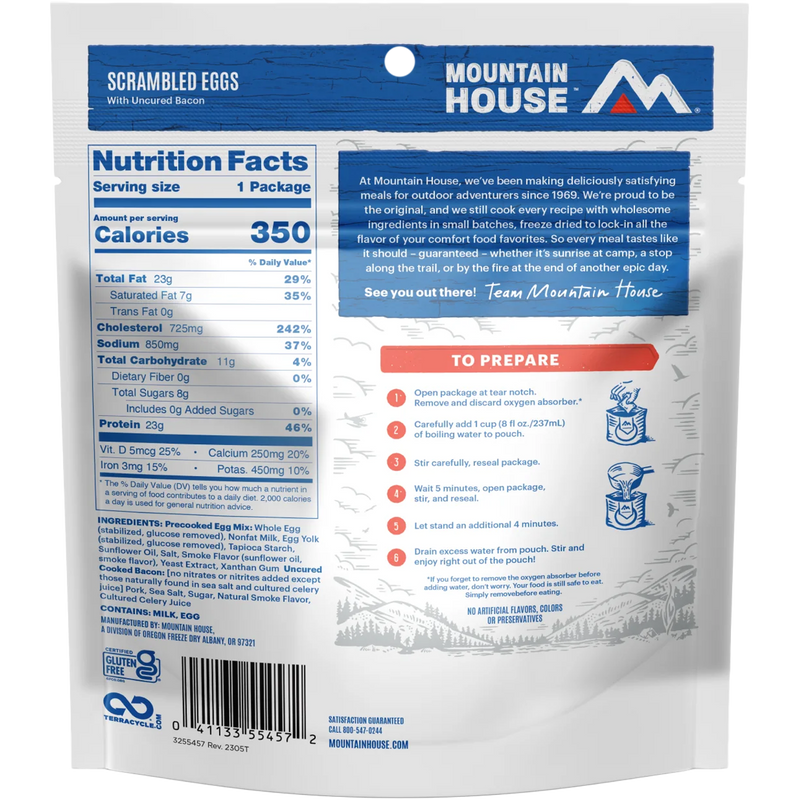 Scrambled Eggs with Bacon (1 Serving), Mountain House Scrambled Eggs with Bacon (1 Serving) back of package